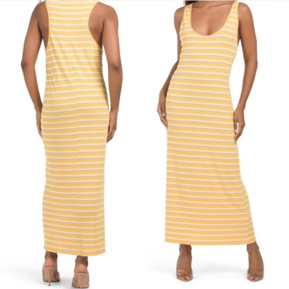 Zara Yellow White Striped Ribbed Racerback Maxi Dress Scoop Neck Small Summer